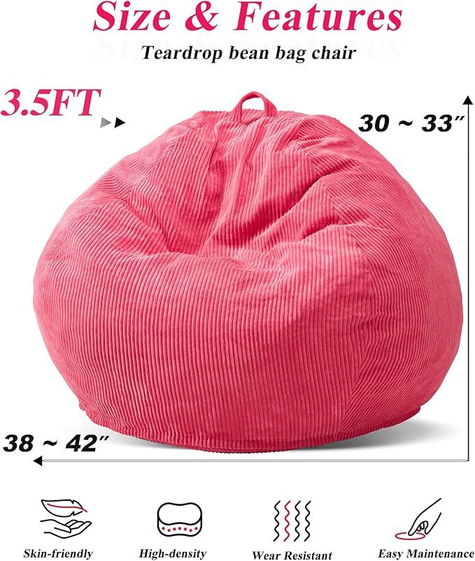 3.5FT Bean Bag Chairs Teardrop Bean Bag Chair for Adults Beanbag Chair with Memory Foam Filled Machine Washable Cover for Living Room, Bedroom (Large,Pink)