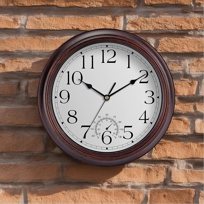 12 Inch Outdoor Wall Clock with Thermometers, Vintage Silent Wall Clocks Battery Operated, Retro Non-Ticking Clock Decorative for Living Room, Patio, Kitchen, Office, Bathroom, Bedroom(Bronze)