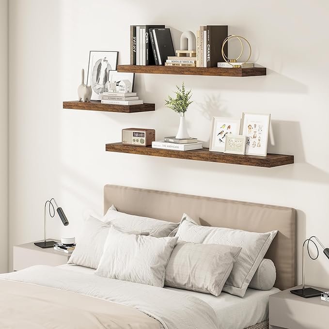 12" Deep Floating Shelves for Wall 48 Inches Long, Heavy Duty Wall Shelves for Bedroom Bathroom Kitchen Laundry Room, Farmhouse Rustic Shelves for Home Decor, 48" X 12" X 2" Set Of 2, Rustic Brown