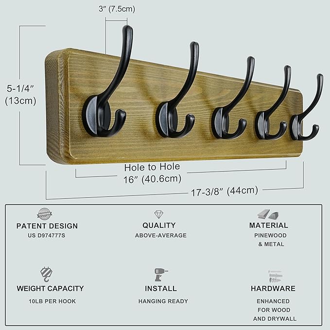 Dseap Coat Rack Wall: Patented, Heavy-Duty, 5-Double-Hooks Wooden Wall Mounted Coat Rack Coat Hanger Hook Rail for Winter Coats Hat Jacket Clothing, Weathered Green, Pack of 2