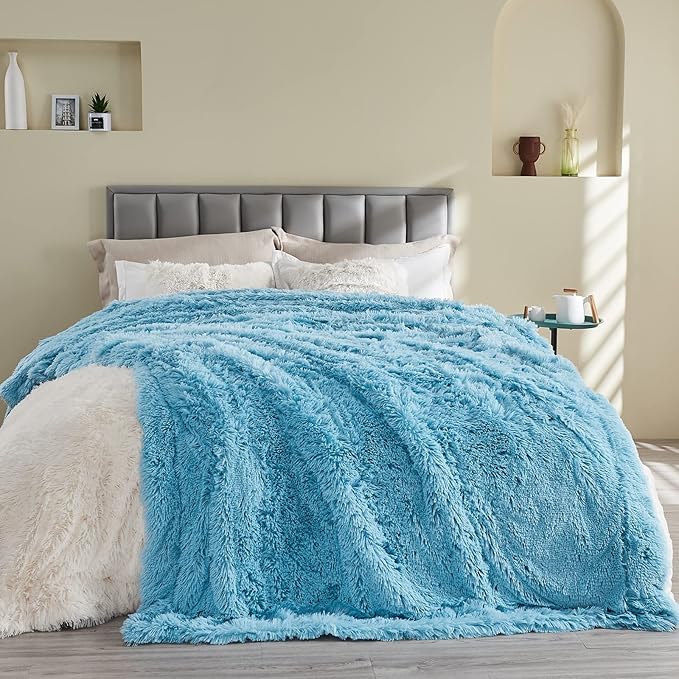 GONAAP Fuzzy Faux Fur Throw Blanket Twin Size Sky Blue Super Soft Cozy Plush Fuzzy Shaggy Blanket for Couch Sofa Bed (Sky Blue, Twin(60"x80"))