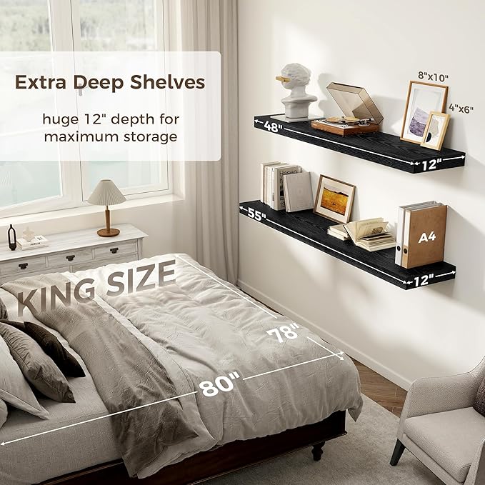 Black Floating Shelves 48 Inch Long, 12 Inch Deep Floating Shelves for Wall, 48 x 12 Large Wall Shelves for Home Storage & Display, 2" Thicked Floating Shelf for Bedroom, Living Room, 1 Pack