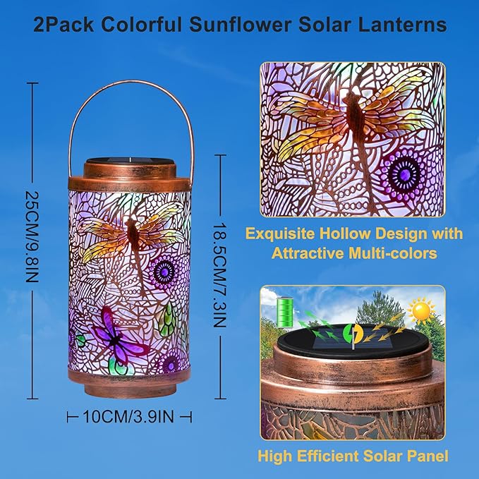 2Pack Solar Outdoor Lanterns Waterproof Multicolor Dragonfly Garden Gifts for Mom Women Backyard Lights Lanterns for Indoor,Outdoor, Porch, Outside,Mothers Day Gifts for Grandma Wife