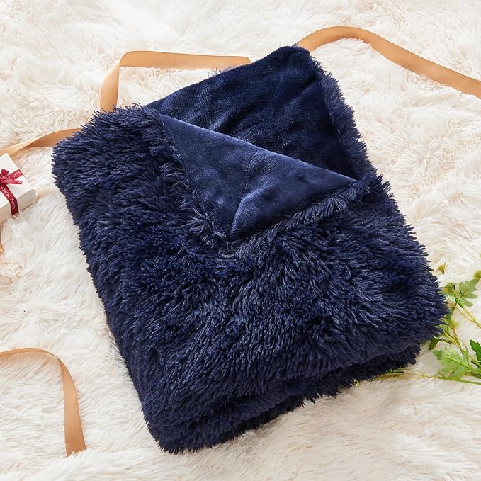 GONAAP Fuzzy Faux Fur Throw Blanket Twin Size Dark Navy Super Soft Cozy Plush Fuzzy Shaggy Blanket for Couch Sofa Bed (Dark Navy, Twin(60"x80"))