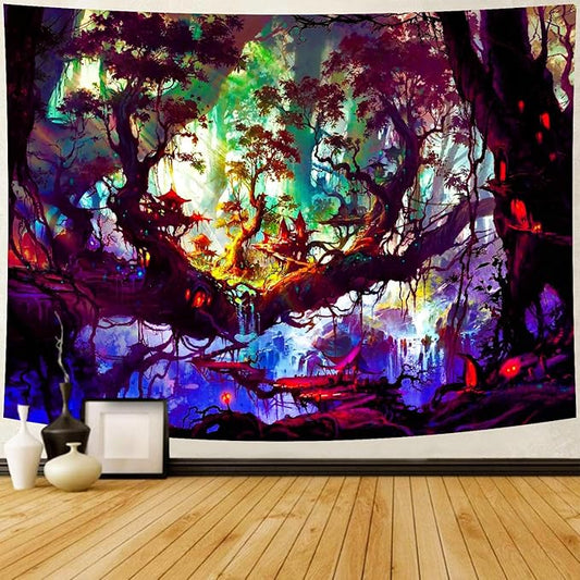 Delur Fantasy Forest Tapestry Mystical Landscape Magical Enchanted Forest Tree Nature Tapestry Psychedelic Wall Hanging Headboard for Bedroom Living Room Home Decor (70.8" x 92.5")