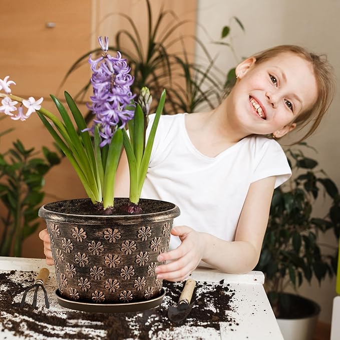 8 Inch Planter Pots for Plants, Plastic Flower Pots Indoor Outdoor, 5 Pack Resin Plant Pot with Drainage & Saucer, Retro Decorative Garden Pot with Removable Trays for House