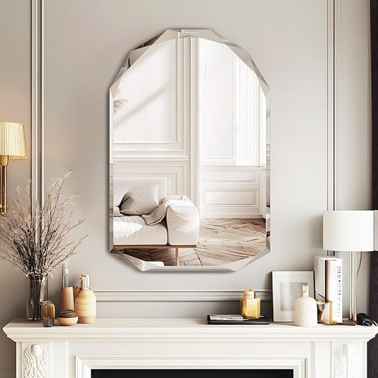 Bathroom Mirror for Wall, 24" x 36" Arched Mirror, Bathroom Vanity Mirror, Beveled Edge Frameless Wall Mount Vanity Mirrors, Wall Mirrors Decorative, Irregular Beveled Edge Mirror
