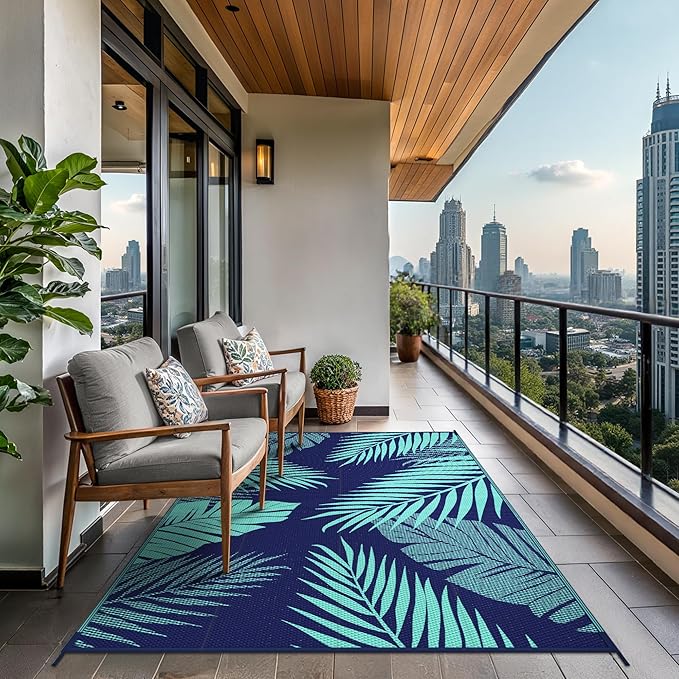 GENIMO Outdoor Rug 8' x 10' Waterproof for Patios Clearance, Reversible Outdoor Plastic Straw Camping Rug Carpet, Large Area Rugs Mats for RV, Camper, Deck, Balcony, Porch, Beach, Navy Blue&Jade Green