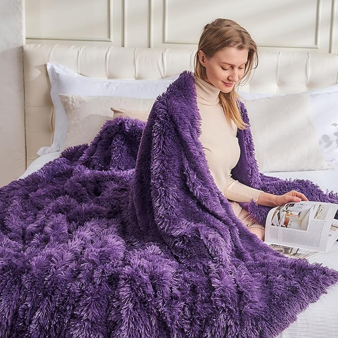 GONAAP Fuzzy Faux Fur Throw Blanket Twin Size Purple Super Soft Cozy Plush Fuzzy Shaggy Blanket for Couch Sofa Bed (Purple, Twin(60"x80"))
