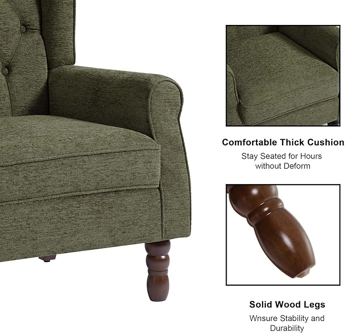 Accent Chair, Upholstered Armchair with Button Tufted High Back & Solid Wood Legs, Comfy Wingback Reading Single Sofa Chair for Small Spaces, Living Room, Bedroom (Green, Set of 1)