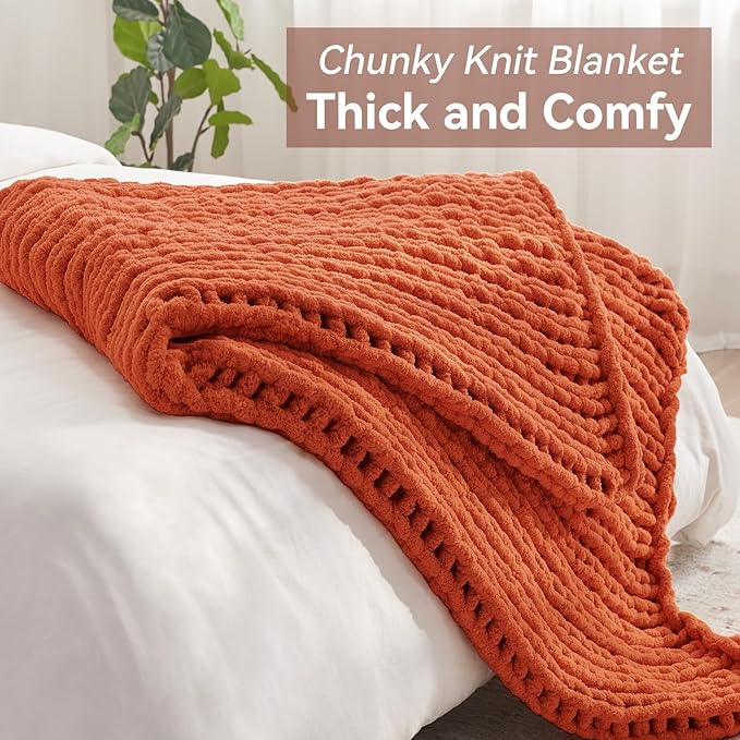 Chunky Knit Throw Blanket, 40''*50'' Fall Throw Blanket Knitted Chenille Yarn for Bed Couch, Handmade Orange Crochet Big Thick Blanket, Machine Washable Cute Comfy Blankets for Home Decor