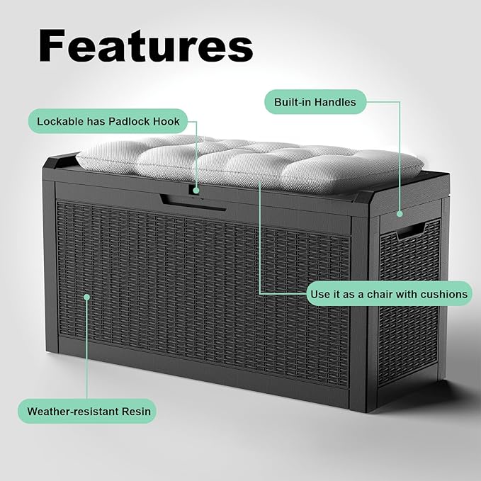 DRATO 60 Gallon Deck Box, Waterproof Resin Large Outdoor Storgae Box for Patio Furniture, Patio Cushions, Gardening Tools, Pool and Sports Supplies, Lockable