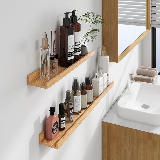 Floating Picture Ledge Shelves 72 Inch Solid Oak Wood Set of 2, Rustic Wall Storage Shelves with Lip, Kids Bookshelf, Photo & Picture Ledge Shelves for Bedroom, Living Room, Kitchen