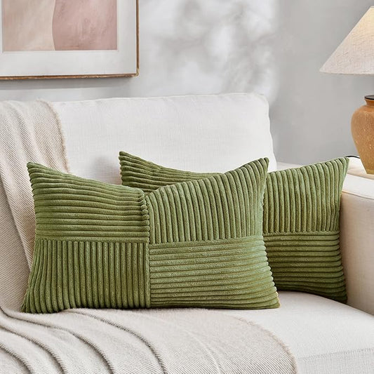 Fancy Homi 2 Packs Moss Green Lumbar Decorative Throw Pillow Covers 14x24 Inch for Couch Bed, Rustic Farmhouse Boho Home Decor, Soft Striped Corduroy Rectangle Accent Cushion Case 35x60 cm