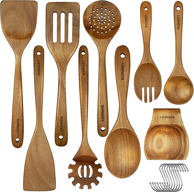 Acacia Wood Kitchen Utensil Set 9PC-Natural Wooden Cooking Tools for Nonstick Pans&Stir Frying,Scratch-Proof&Heat Resistant,Sturdy&Lightweight with Spoon Rest (Kitchen Utensil Set 9PC)