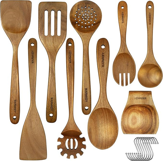 Acacia Wood Kitchen Utensil Set 9PC-Natural Wooden Cooking Tools for Nonstick Pans&Stir Frying,Scratch-Proof&Heat Resistant,Sturdy&Lightweight with Spoon Rest (Kitchen Utensil Set 9PC)