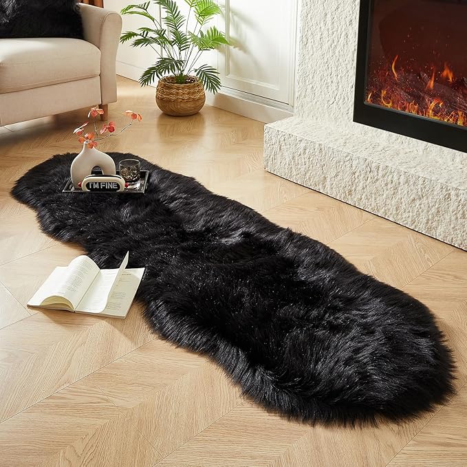 AMTOVO Faux Sheepskin Rug, Black Ultra Soft Fluffy Shag Area Rug, 2 x 6 ft Faux Fur Rug for Bedroom Sofa Throw Cushion Room Decor, Sheepskin