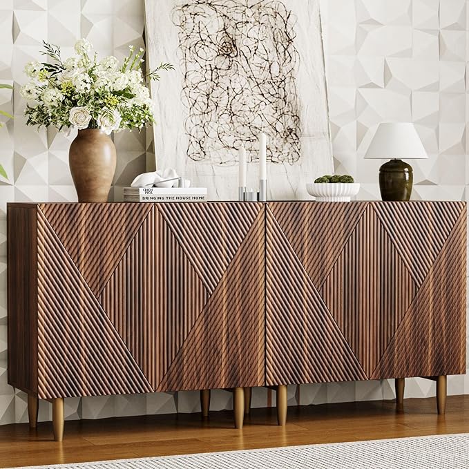 65 Inch Fluted TV Stand, Mid Century Modern Entertainment Center with Storage Cabinets & Adjustable Shelves, Media Console TV Credenza for Living Room, Dining Room, Hallway, Walnut