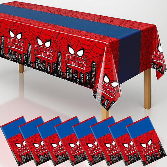 8Pcs 2in1 Spider Birthday Decorations Tablecloths, 54" x 108" Super Hero Spider Table Cloth Disposable Rectangle Plastic Table Cover for Boys Birthday Party Supplies