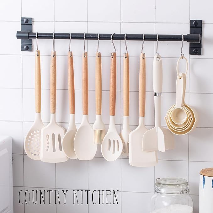 Country Kitchen Non Stick Silicone Utensil Set with Rounded Wood Handles for Cooking and Baking, 38 Piece Set, Khaki