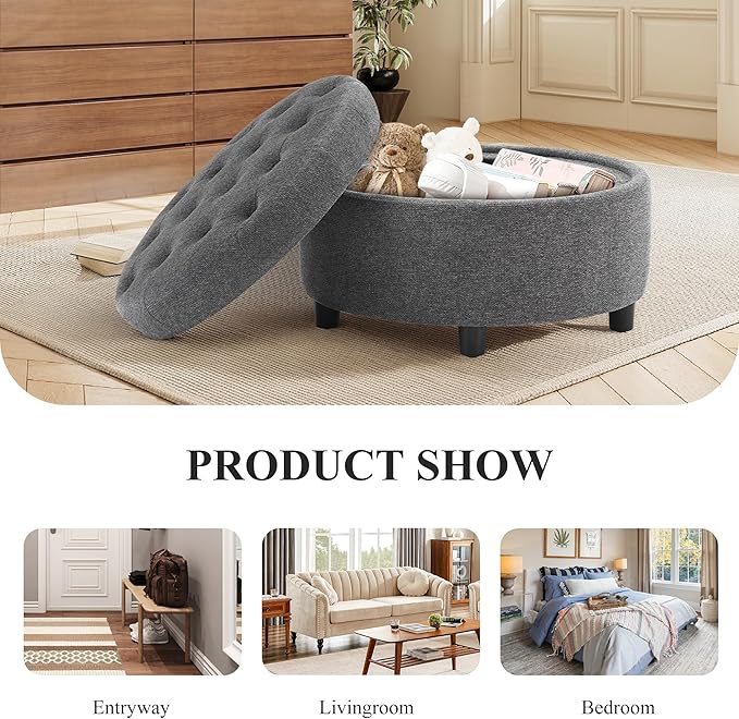 COLAMY Fabric Round Storage Ottoman with Reversible Tray Lid – Multi-Functional Footrest, Hidden Storage, Sturdy & Stylish Small Coffee Table for Living Room, Bedroom, or Entryway(Dark Grey)