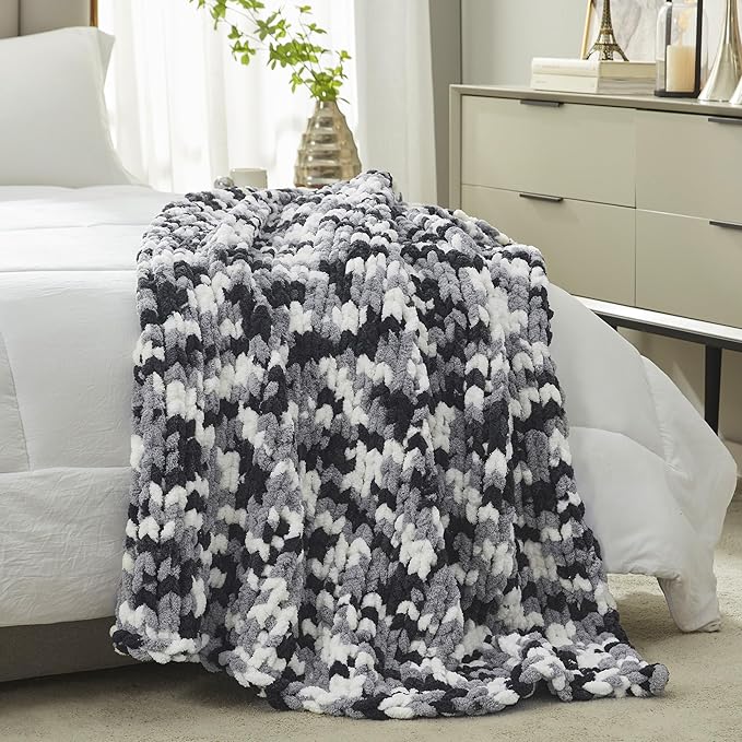 Amélie Home Chunky Knit Throw Blanket for Couch, Soft Chenille Crochet Blanket for Sofa, 50"x60", Space-Dyed Black