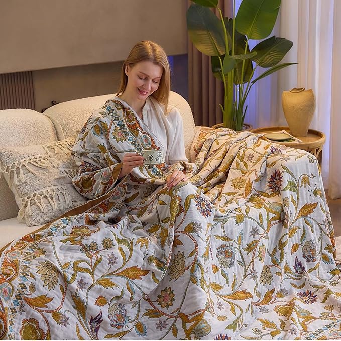 Fall Throw Blanket for Couch, Brown Boho Decorative Throw Blanket, 100% Cotton Muslin Breathable Woven Farmhouse Blankets Quilt, 80"x90" Reversible Lightweight Blankets Bohemian Throw Quilt