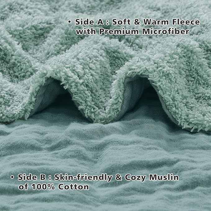 EMME Muslin and Fleece Queen Blanket Reversible - 80"*90" Teal Soft Warm Throw Blankets for Couch Bed Picnic Travel Bed