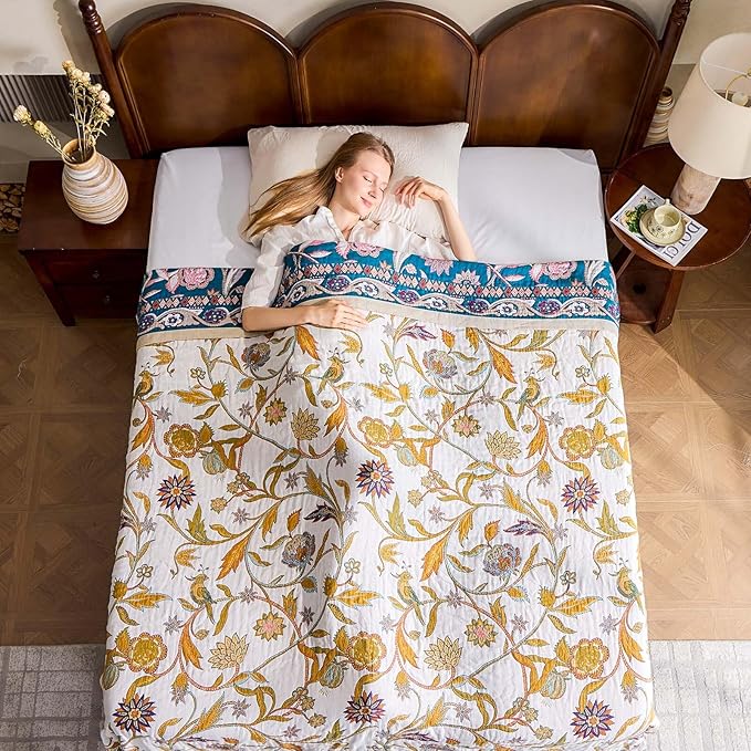 Fall Throw Blanket for Couch, Brown Boho Decorative Throw Blanket, 100% Cotton Muslin Breathable Woven Farmhouse Blankets Quilt, 80"x90" Reversible Lightweight Blankets Bohemian Throw Quilt