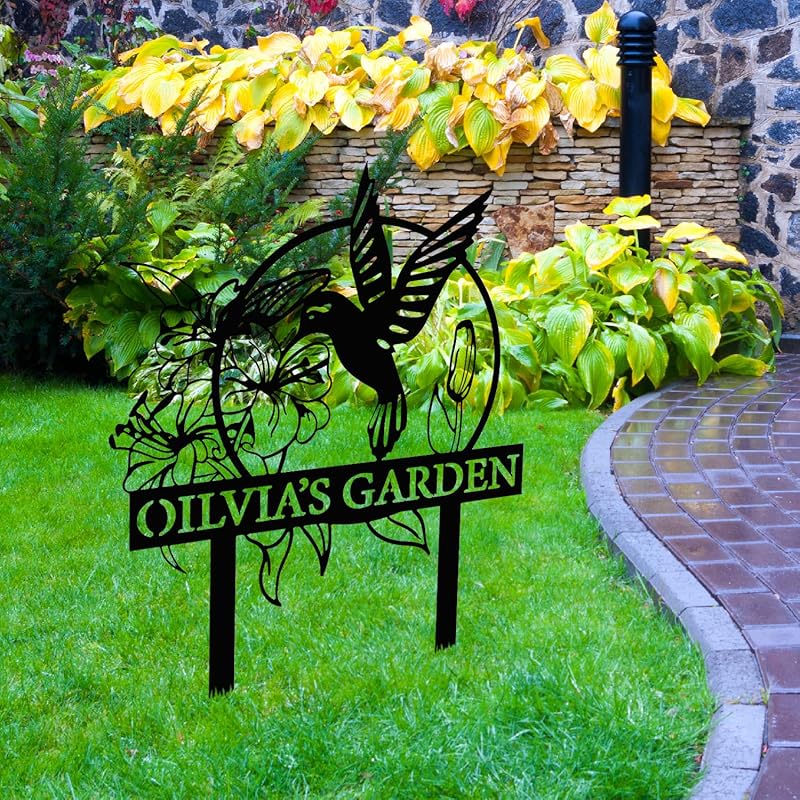 Custom Hummingbird Metal Garden Decor, Personalized Bird with Stakes Garden Sign, Flower Design Personalized Garden Sign, Custom Garden Name Sign, Home Gift, Large Outdoor Decor, Patio Decor