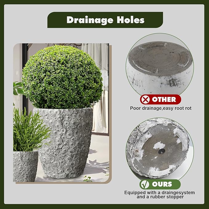 Craft flowerpots 16"+12"+10" Dia Round Concrete Planter Set of 3 Large Outdoor/Indoor Planter Pots Containers with Drainage Holes and Rubber Plug for Home Garden (Grey, Large)