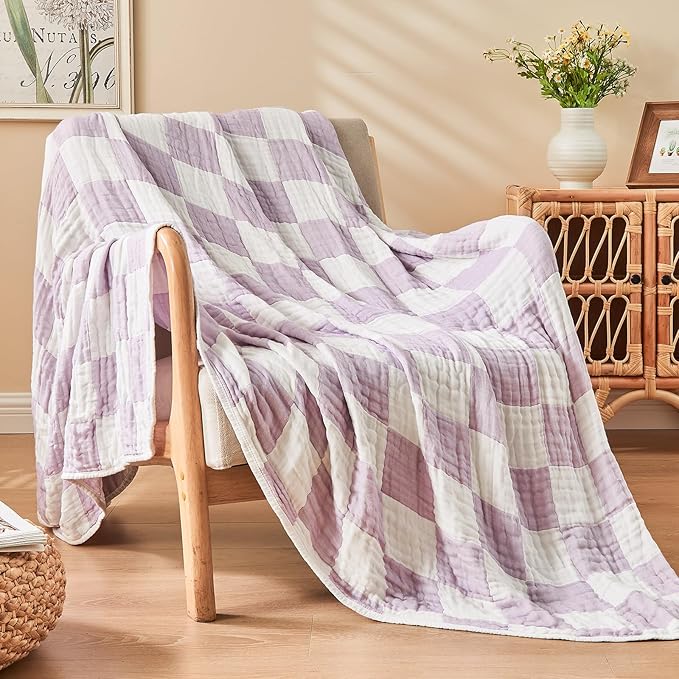EMME Checkered Throw Blanket Cotton for Couch Soft Muslin Blankets 50"x60" Lightweight Breathable Cooling Soft All Season Gauze, Lavender