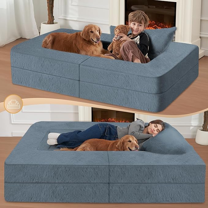 Folding Bean Bag Chair for Adults,3-in-1 Bean Bag Couch Faux Fur Floor Sofa Large Beanbag Convertible Bean Bag Sofa Bed with Pillow in Bedroom,Living Room,Apartment(Twin,Gray)