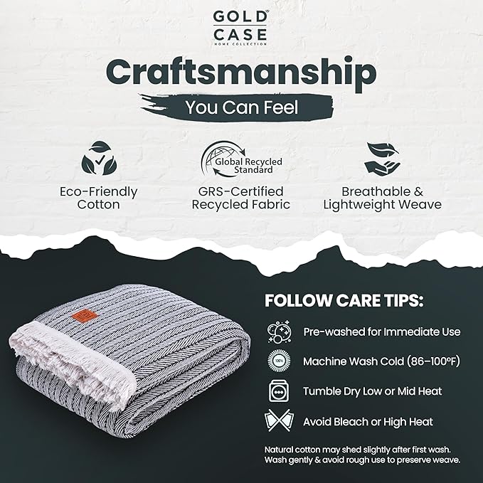 Gold Case Throw Blanket for Bed – 100% Recycled Turkish Cotton Bed Blanket – Decorative Throw Cotton Blankets for Living Room & Bedroom – Woven Twin Blankets - 71x90 - Black