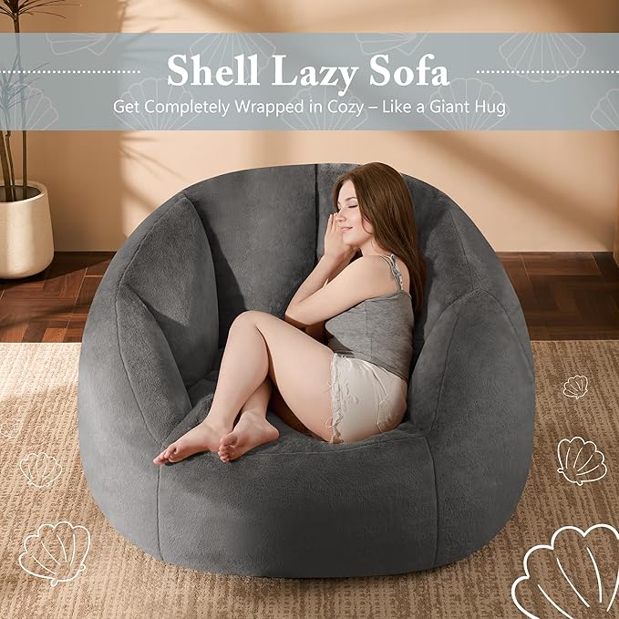 Giant Bean Bag Chair for Adults - Comfy Plush Round Shell Soft Accent Chair, Oversized Cozy Lounge Floor Sofa Reading Chair, Mini Couch for Living Room, Bedroom & Game Rooms, Gray