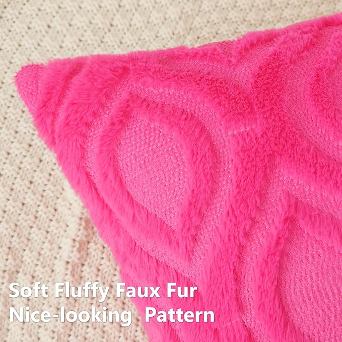 decorUhome Fall Throw Pillow Covers 22x22 Inch Set of 2, Soft Plush Decorative Faux Fur Hot Pink Solid Couch Pillow Covers, Accent Farmhouse Neutral Square Euro Pillow Cases for Sofa Bed Living Room