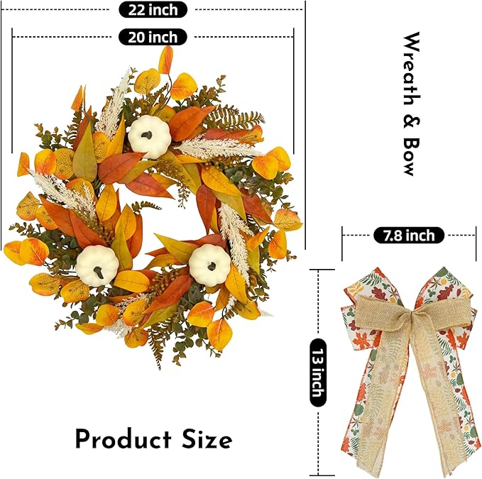 CYANBLOOM Fall Wreaths for Front Door: Rustic 20-22 Inch Bow Wreath with Golden Eucalyptus, White Pumpkins & Wheat - Lovely Warm Vibes Outdoor Indoor Farmhouse Decor for Halloween Thanksgiving Autumn