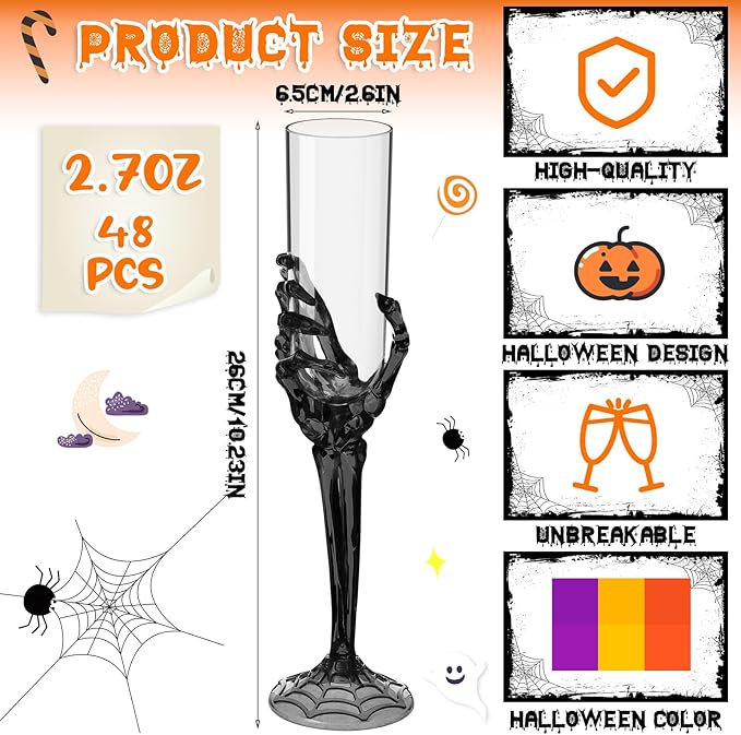 Bokon 48 Pcs Halloween Champagne Flutes Bulk Plastic Stemware Halloween Skeleton Hand Plastic Goblets Creepy Champagne Flute for Party Decoration(Black)