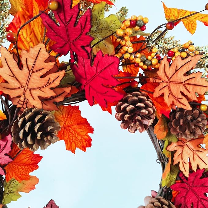 Fall Wreaths for Front Door, 24" Autumn Wreath with Berry Wood Maple Leaves and Pine Cones, Orange Thanksgiving Wreath for Outside Indoor Wall Window Home Festival Decor