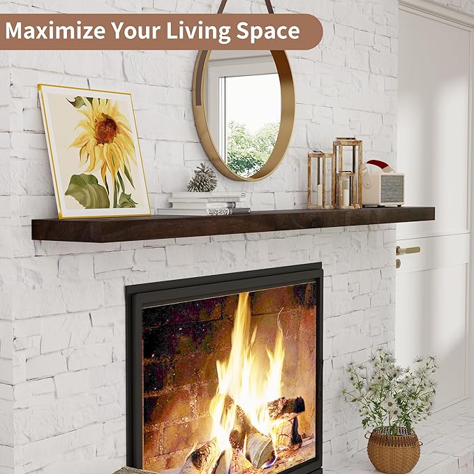 Axeman Floating Shelves for Wall, Rustic Elm Wood 72'' W x 8" D Wall Mantel Shelf with Invisible Bracket, Large Long Wall Mounted Storage Shelves for Living Room, Bedroom, Kitchen, Bathroom, Walnut