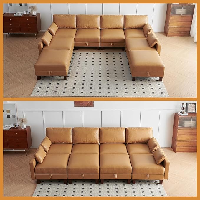 128'' Sleeper Couch, Large Sofa Bed with Storage, Faux Leather 8 Seater Sofa, Mid Century Modern Couch Sofa for Living Room, Guest Room, House, Apartment, Office, Loft, Tan