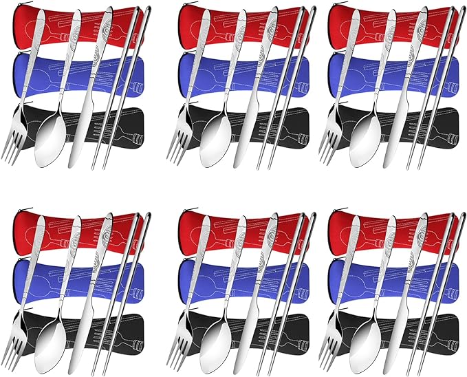 6 Pack Reusable Flatware Sets Knife, Fork, Spoon, Chopsticks, 24Pcs Portable Travel Stainless Steel Tableware Dinnerware with Carrying Case