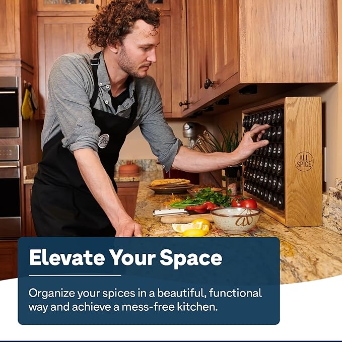 AllSpice Spice Rack Organizer, Wood, 525 Unique Labels, Countertop or Wall Mount, Includes 30 4oz Jars- Bamboo