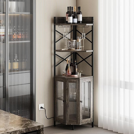 Corner Bar Cabinet with Power Outlet, 5-Tier Corner Wine Cabinet with Led Strip and Glass Holder, Industrial Tall Liquor Cabinet Bar Wine Rack for Home, Grey Oak