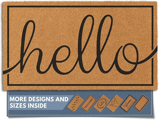 Barnyard Designs Natural Coco Coir Heavy Duty Backing Doormat - Large Cute Non-Slip Front Door Welcome Mat for Outside Entrance or Porch Entry, Brown (17x30, Hello)