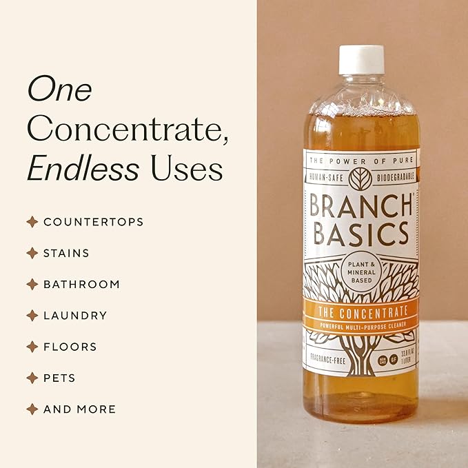 Branch Basics Cleaning Essentials Kit in Glass: All Purpose Cleaner and Bathroom Cleaner - Concentrate (33.8 Oz) + Glass Spray Bottles for Cleaning (16 Oz) Fragrance-Free