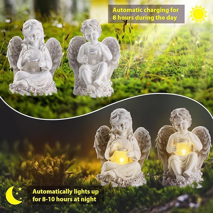 2 Pack Outdoor Angel Statue Garden Decor, Classic Solar Angel Figurine Decoration for Yard Art Indoor Porch Home Lawn Outside Light up Cherub Sculpture Guardian Wings Memorial Gifts