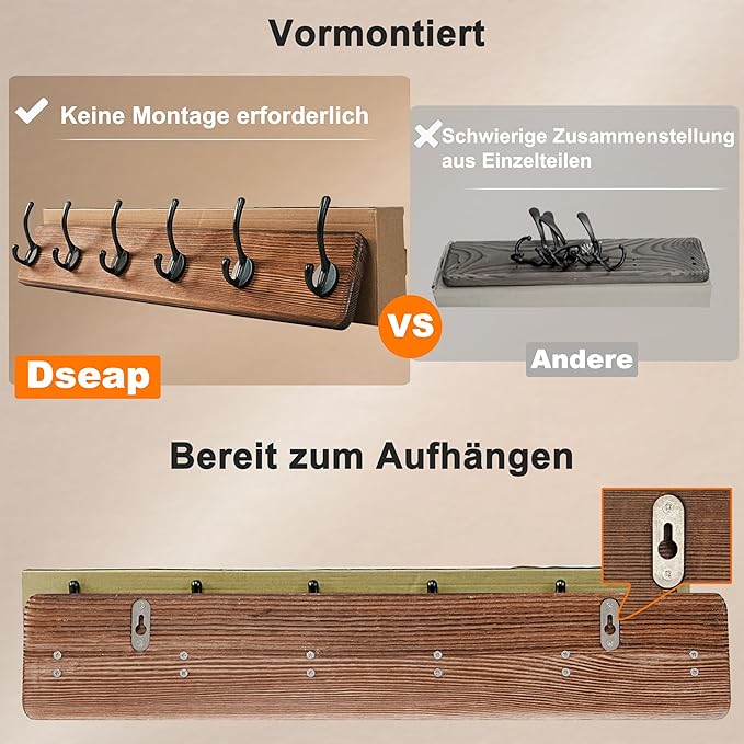 Dseap Wall Mounted Coat Rack: 24" Long, Patented, Heavy-Duty, 6-Double-Hooks Wooden Hanger Rail for Winter Coats, Hat, Jacket, Clothing - White & Black, Pack of 2