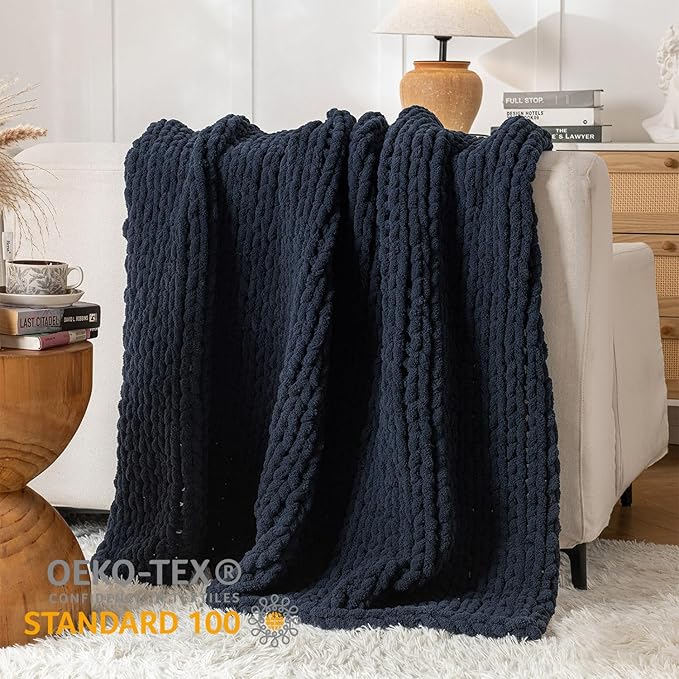 Chunky Knit Blanket Throw, 100% Hand Knit Throw Blanket Handmade Chenille Cable Knit Throw for Couch, Stylish Cozy Soft Rope Knot Crochet Blanket for Home Decor, Navy Blue, 50x60 Inches