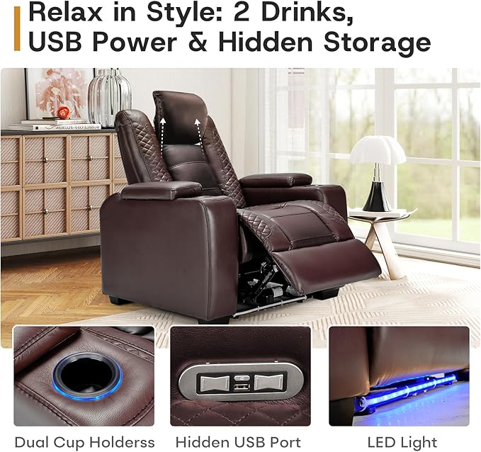 ANJ Power Home Theater Seating Set of 2, Brown Faux Leather Electric Recliner Chair with Powered Headrest, Dual Motors Movie Reclining Chairs with LED Lights,USB Port,Cup Holders, Hidden Arm Storage